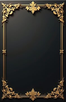 Ornate gold frame with floral elements adorns dark background. Elegant decorative border enhances invitations, certificates, or premium designs. Classic art nouveau style element.