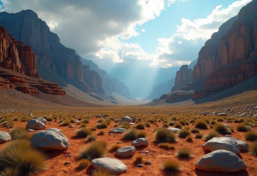 Captivating Valley Floor Beneath Majestic Mountain Ridges Merging Clouds and Dynamic Shadows