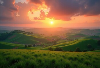 Fototapeta premium Enchanting Rolling Hills Patchwork Farmland Basking in Vibrant Sunset Glow