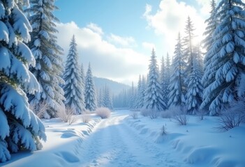Fototapeta premium Enchanting Snow-Covered Pine Trees in Winter Wonderland Captivating Icy Landscape