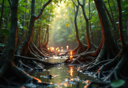 Intricate Twisted Root Systems in Mangrove Habitat Unique Vivid Detail Biological Diversity