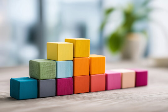 Employee engagement concept with colorful cubes stacked to represent fringe benefits such as vacation, wellness, and insurance in bright studio scene 
