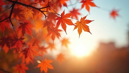 Red and orange maple leaves on tree branches against blurred background and bright sun in autumn day. Leaves fall, fly in air, close up. Colorful foliage in vibrant fall season.