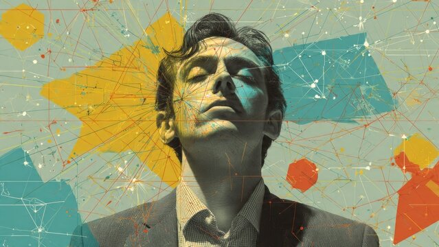 Man in deep thought with abstract network overlay
