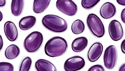 Numerous glossy purple oval capsules with white outlines scattered across a dark background, high-quality PNG cutout with transparent or white background