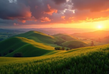 Fototapeta premium Serene Rolling Hills Rustic Farmland Golden Hour Landscape Lush Fields Vibrant Skies