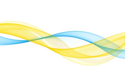 Abstract design features fluid, translucent waves in vibrant yellow and cyan shades, gracefully overlapping against a clean, white background