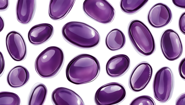 Numerous glossy purple oval capsules with white outlines scattered across a dark background, high-quality PNG cutout with transparent or white background
