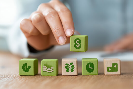 Employee perks visual with hand arranging green blocks for insurance, pension, paid time off, and financial support in casual work environment 