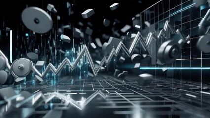 Abstract digital graphic of data flow, charts, and geometric shapes in motion
