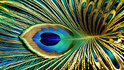 Stunning peacock feather detail with vibrant blues, greens, and gold for elegant designs and backgrounds
