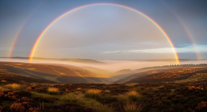 A spectacular double rainbow arches over a misty valley at sunrise. - Powered by Adobe
