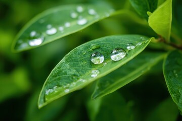 Sparkling water droplets on lush green leaves creating a vibrant, fresh atmosphere with intricate textures and rich coloration, perfect for nature lovers and environmental enthusiasts