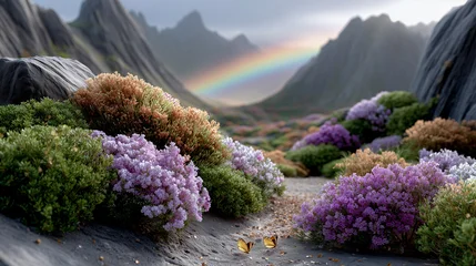 Fotobehang Huisarts Bunte Berglandschaft mit Regenbogen und Lavendelblüten, märchenhafte Natur  © LElik83
