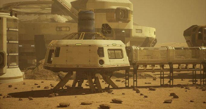 A futuristic Martian settlement showcases multiple habitats surrounded by rocky terrain. Dust and low visibility create a harsh environment, indicative of life on another planet.