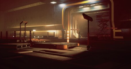 A dimly lit industrial space features striking shadows and reflections. Work equipment is scattered throughout, creating an aura of mystery and anticipation at dusk.