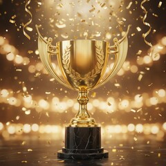 Luxury gold cup and falling confetti focus.