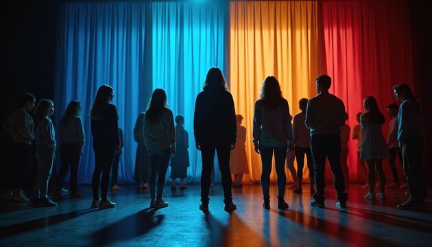 Group of young adults stand together in dimly lit theatre stage with colorful curtains. Teenage actors, actresses rehearse, prepare for performance show. Young people in casual clothes stand together