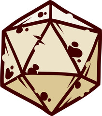 20 side dice for fantasy DD game. Tabletop role play strategy game sticker. Cartoon illustration