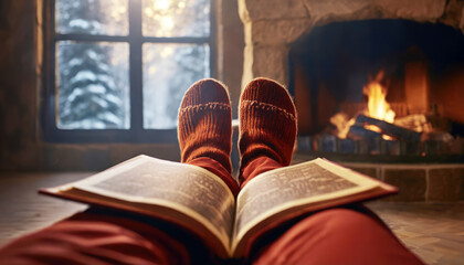 A cozy winter scene with a person reading by the fireplace, warm socks on, while snow falls outside the window, creating a relaxing atmosphere.