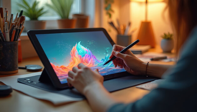 Artist uses stylus on digital drawing tablet creating vibrant colorful abstract art. Bright organized home workspace with plants and art supplies. Creative process, digital painting.