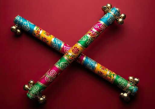 Colorful decorated garba sticks with bells for navratri festival celebration