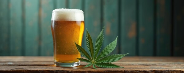 Golden beer in glass with frothy head sits on wooden table beside fresh green cannabis leaf. Beverage represents craft brewing fusion. Refreshing drink.