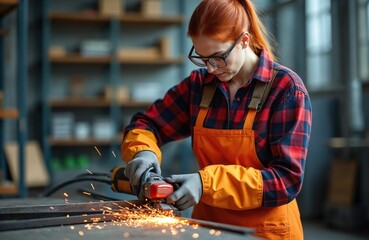 Young red-haired woman in safety gear works with angle grinder on metal in workshop. Female engineer wears protective gloves and apron while cutting metal bar. Sparks fly as she operates power tool.