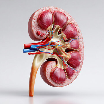 Anatomische Illustration der menschlichen Niere im Schnitt, medizinisches Lehrbild