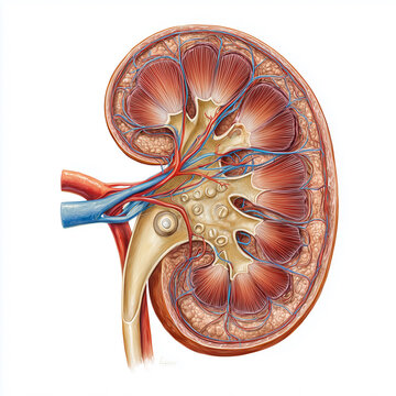 Anatomische Illustration der menschlichen Niere im Schnitt, medizinisches Lehrbild