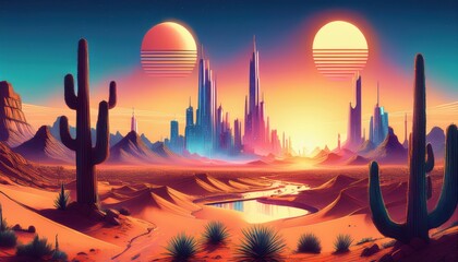 A futuristic desert landscape with a neon-lit city skyline and twin suns at sunset
