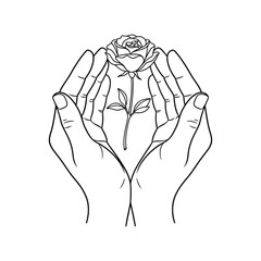 Line drawing of cupped hands holding a growing rose plant