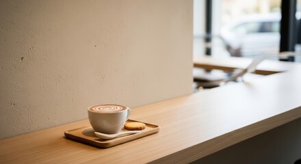 A cup of cappuccino with frothy milk and a cookie is served on a wooden tray atop a minimalist counter in a bright, modern cafe, creating a cozy and inviting spot for a relaxing coffee break.
