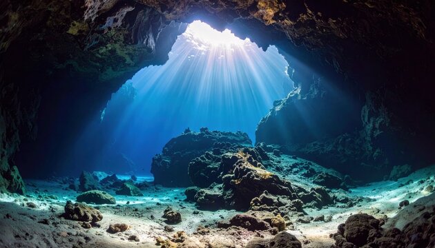 Sunlight beams into a submerged cave creating an ethereal underwater world that invites exploration, mystery, and natural wonder