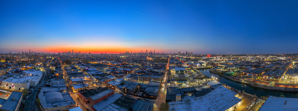 Aerial landscape of Manhattan skyline from Williamsburg at sunset Brooklyn in New York City NY