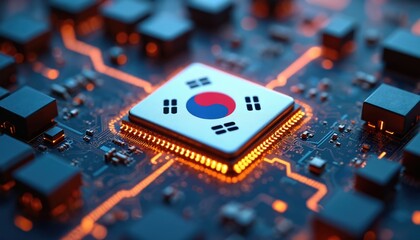 South Korean microchip with national flag symbol on circuit board. Advanced tech component glows with energy. Digital hardware represents nation innovation power and global market.