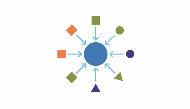 Diverse shapes and arrows converge toward a central blue circle on a white background, symbolizing data consolidation, integration, focus and centralized network flow for business