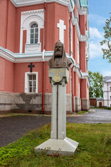 Monument to Patriarch Alexy II on the territory of the Spaso-Preobrazhensky Valaam Monastery. Russia