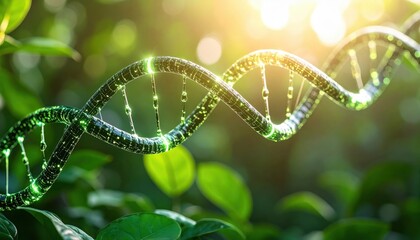Futuristic DNA helix symbolizing biotechnology innovation, genetic engineering, nature and science intersection in sustainable development themes
