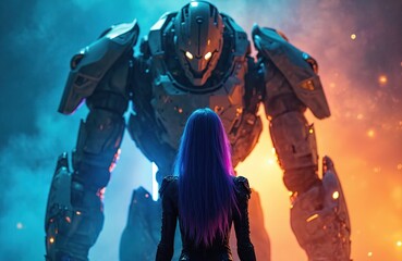 Young woman with vibrant purple hair faces enormous robot warrior. Futuristic city background glows with orange and blue light. Cyberpunk scene shows sci fi adventure.