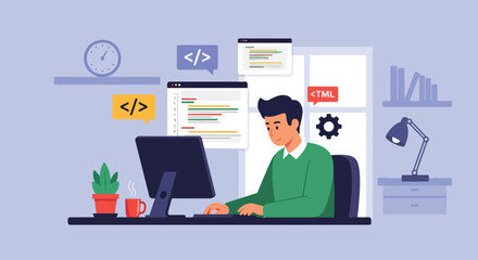 Vector art of a web developer coding at a computer in a modern workspace, representing software development, programming, and digital technology innovation in web design and coding education