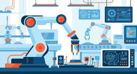 Vector art of a robotic arm assembling a microchip on a circuit board in a smart factory, representing automation, robotics, and advanced manufacturing technology in modern industry