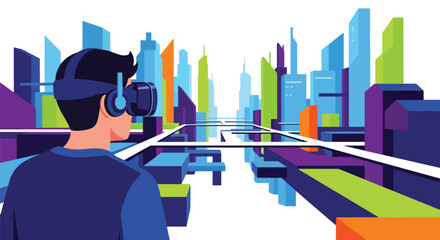 Vector art of a person using virtual reality goggles in a futuristic digital city, symbolizing innovation, immersive technology, and the future of virtual experiences and metaverse exploration