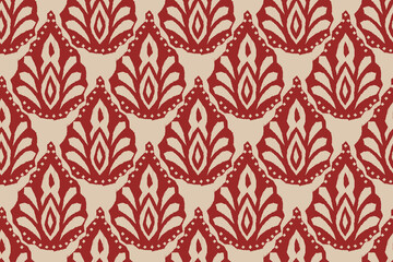 ikat pattern featuring traditional red ornamental motifs on a beige background. geometric and floral design evokes Southeast Asian textile art with a handcrafted aesthetic. 