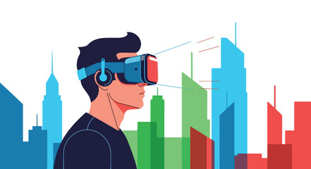 Vector art of a person using virtual reality goggles in a futuristic digital city, symbolizing innovation, immersive technology, and the future of virtual experiences and metaverse exploration