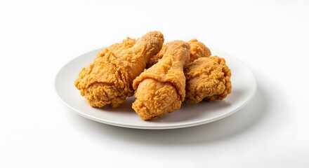 Crispy fried chicken pieces on a white plate isolated on white background