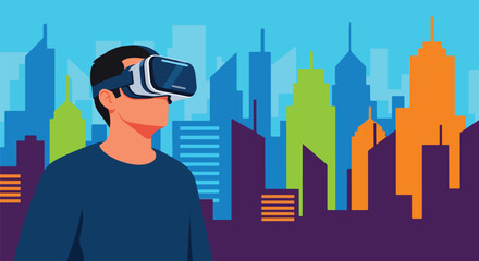 Vector art of a person using virtual reality goggles in a futuristic digital city, symbolizing innovation, immersive technology, and the future of virtual experiences and metaverse exploration