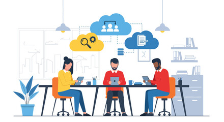 Vector art of office workers using cloud technology for teamwork and data sharing, symbolizing digital collaboration, online productivity, and modern business communication in a connected workspace