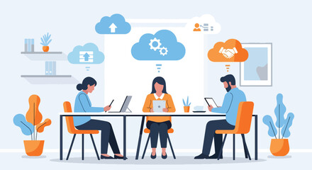 Vector art of office workers using cloud technology for teamwork and data sharing, symbolizing digital collaboration, online productivity, and modern business communication in a connected workspace
