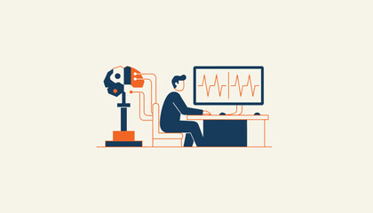 Person connecting to a stylized artificial brain displaying neural activity on a computer monitor, illustrating concepts of neuroscience, artificial intelligence, and human computer interaction